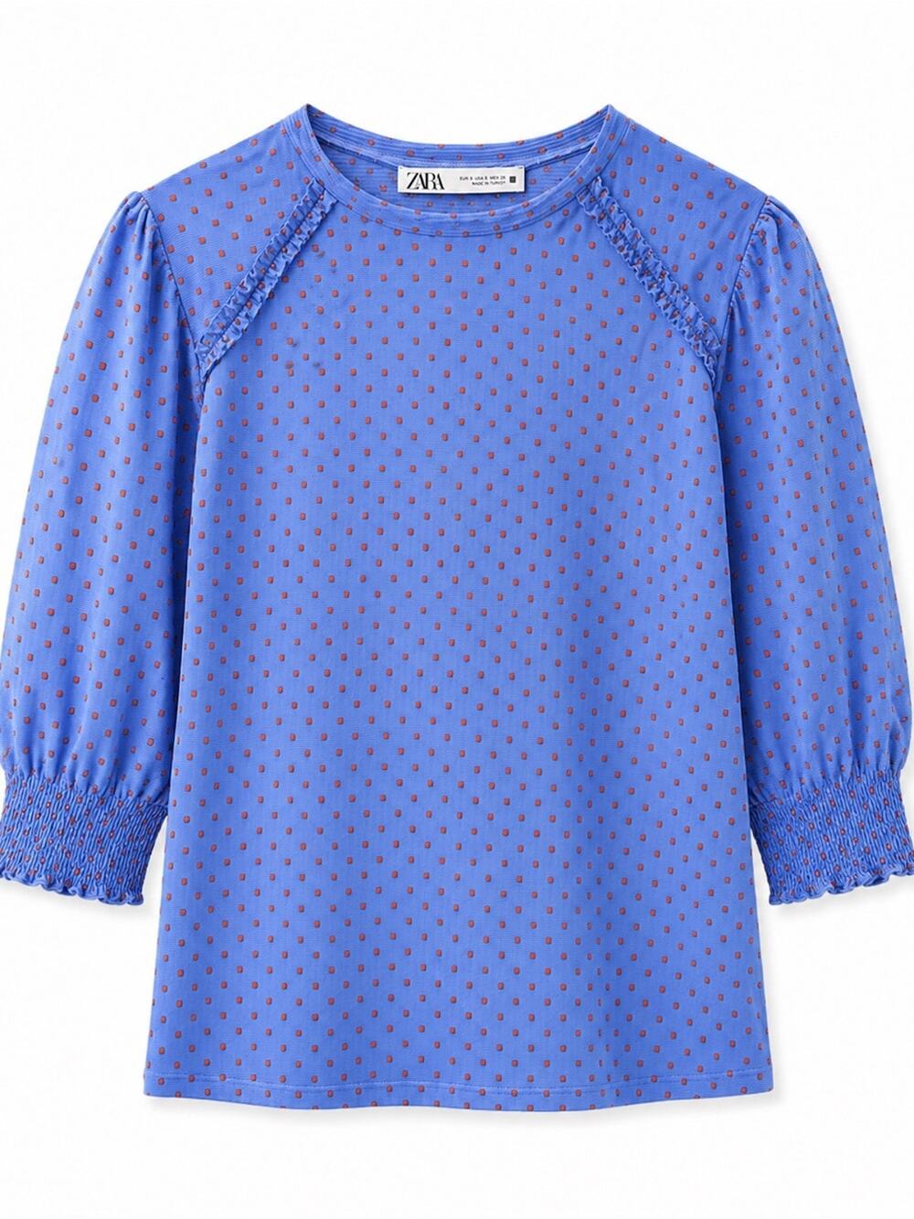 New Zara Blue Swiss Dot Puff Sleeve Blouse Red Polka Dot Top Romantic Small